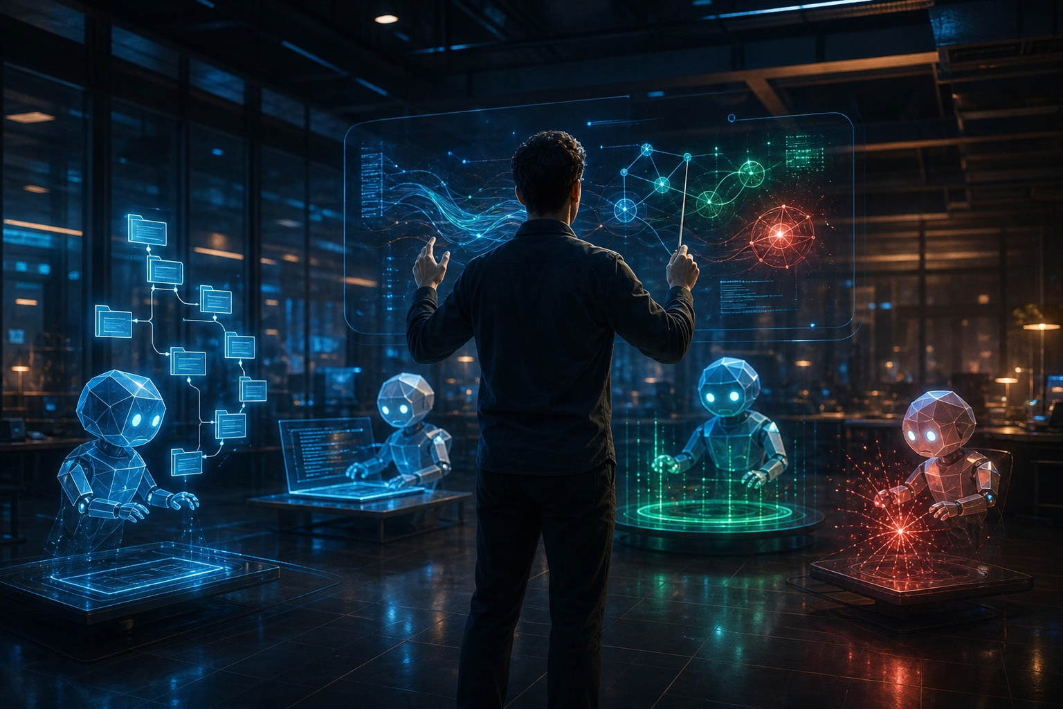 Un développeur qui orchestre plusieurs agents IA autonomes : lire, coder, tester, corriger.