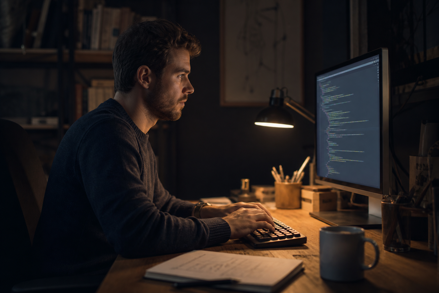 Un développeur concentré à son bureau, qui lit et écrit chaque ligne de code.