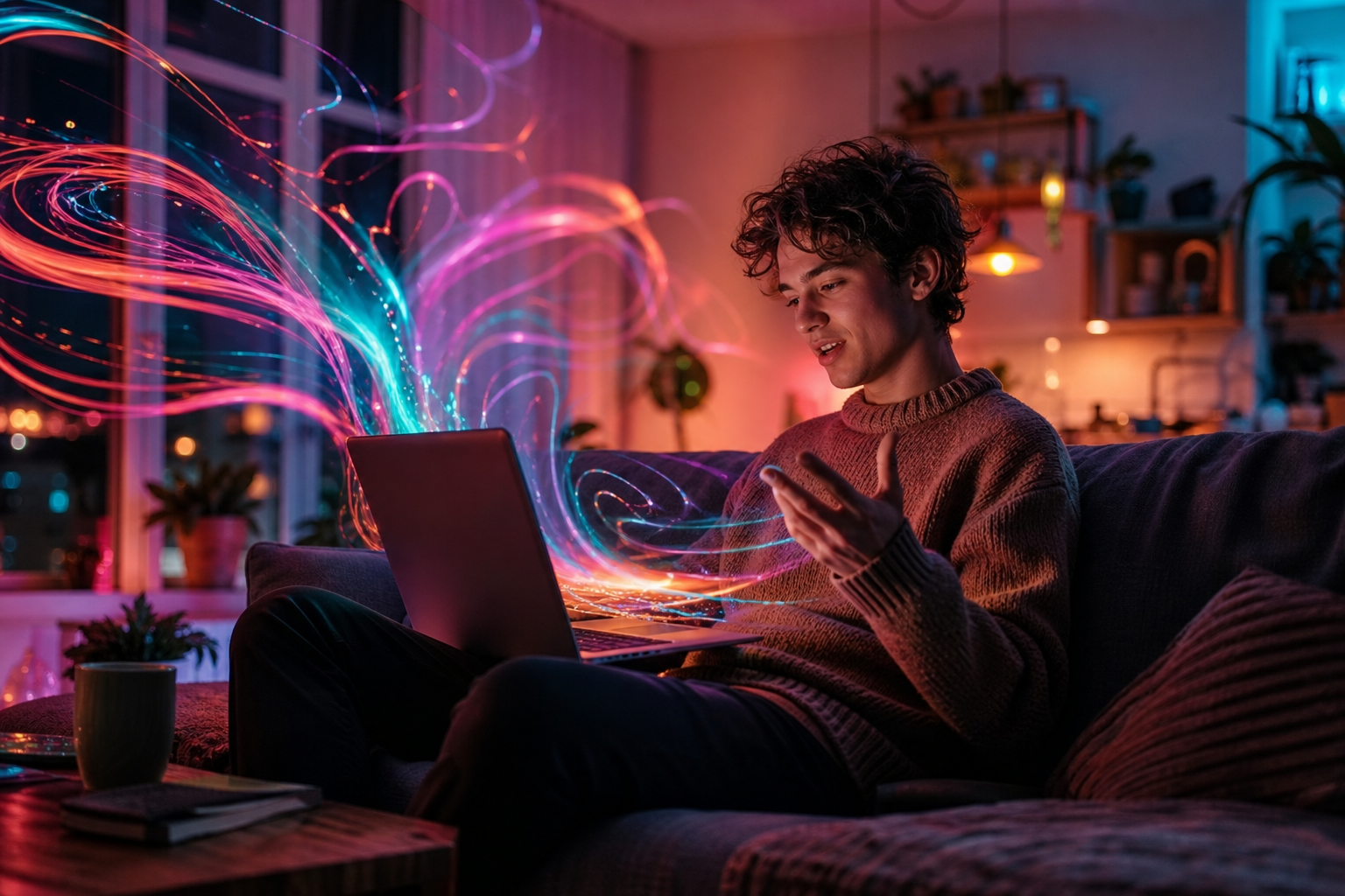 Une personne détendue qui parle à une IA pendant que le code apparaît autour d’elle, au feeling.